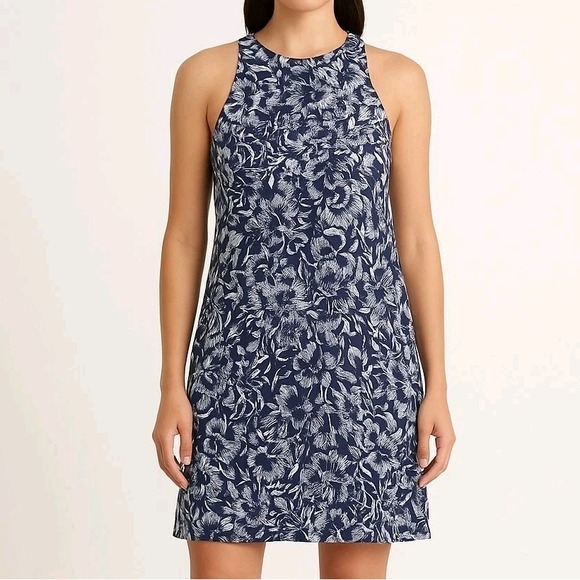 Athleta Dresses & Skirts - Athleta Medium Santorini Dress navy blue white Tropical Floral Fit Flare A-Line